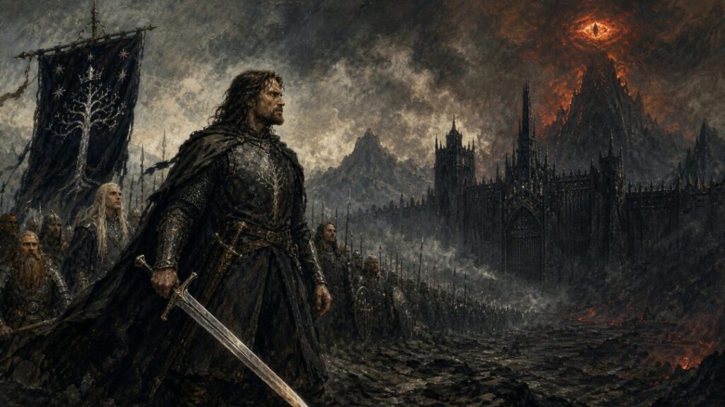 Defiant warriors before the dark fortress