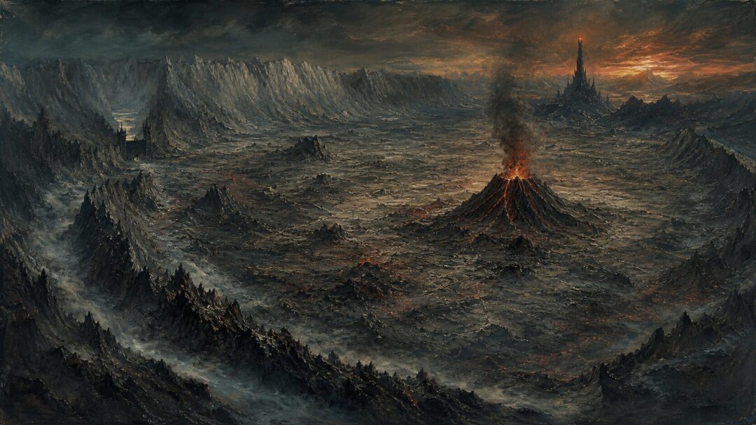 Desolate volcanic wasteland at twilight