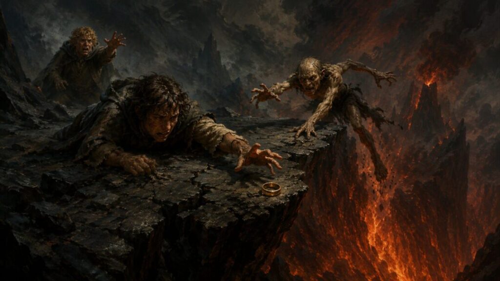 Desperate reach over a fiery abyss