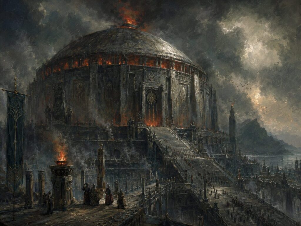 Doomed temple amidst stormy skies