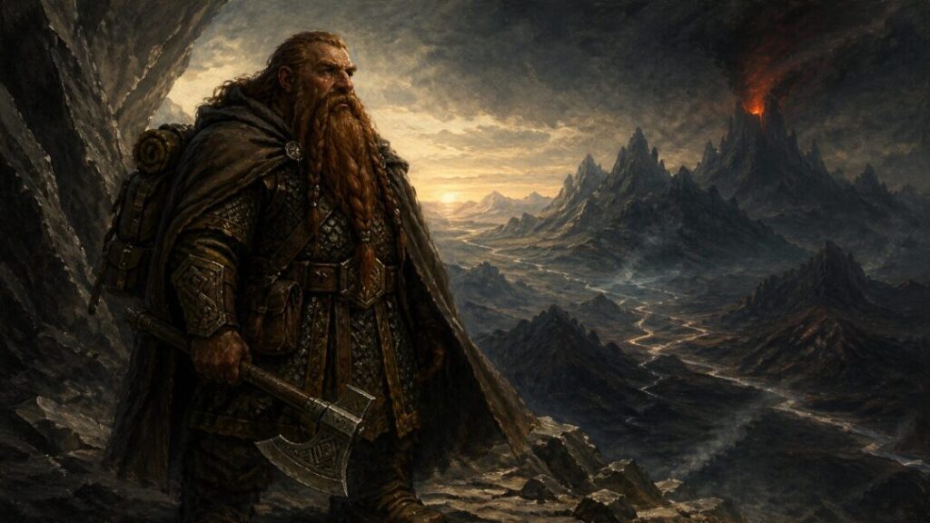 Dwarf warrior in a desolate landscape