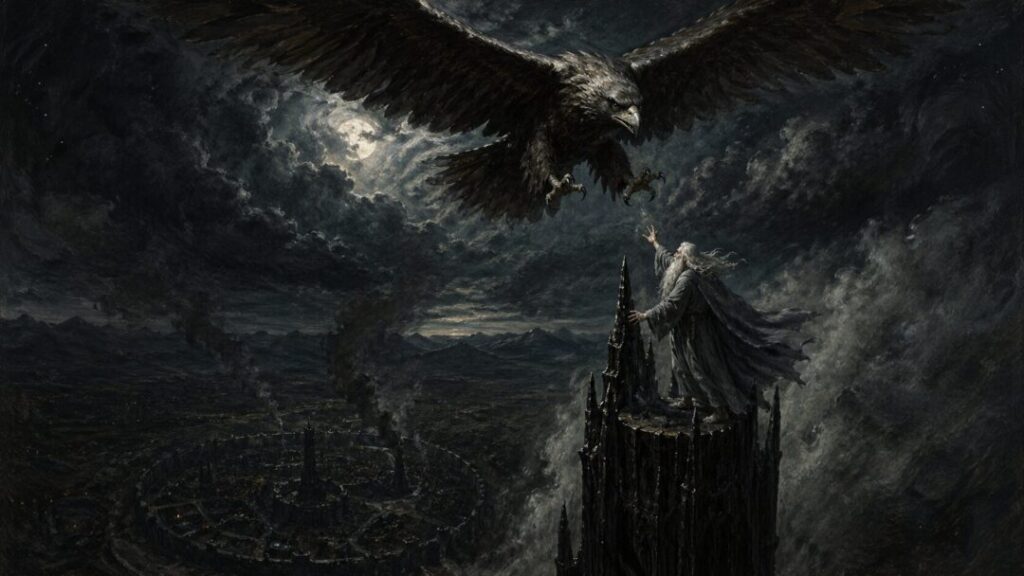 Eagle and wizard atop the tower