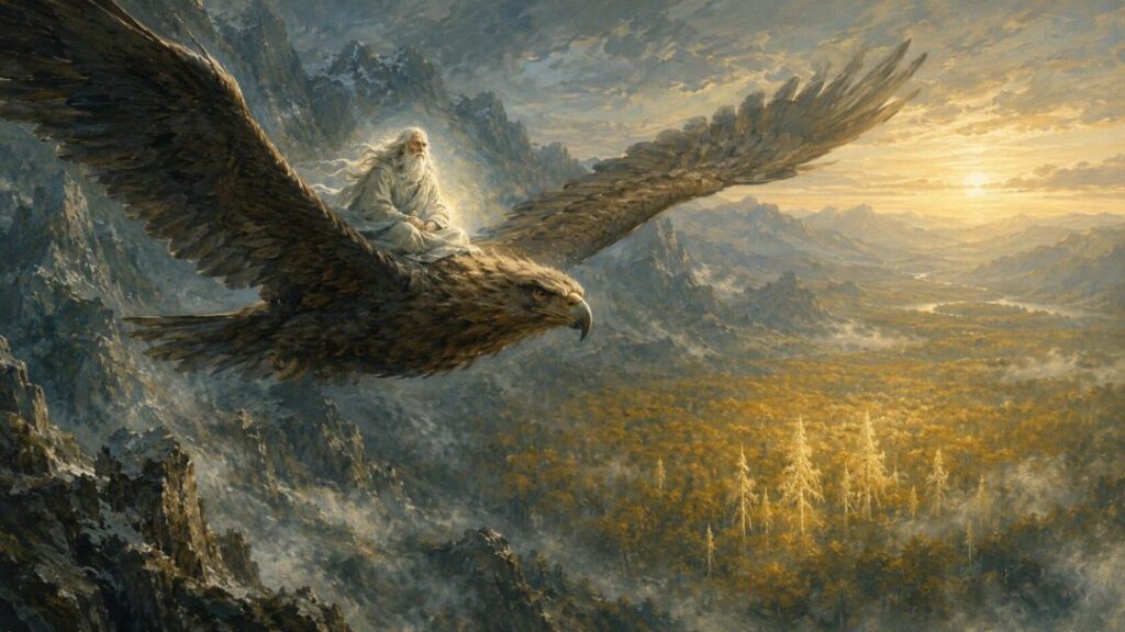 Eagle rider over golden valleys