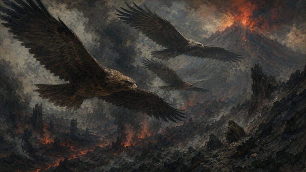 Eagles over a volcanic wasteland