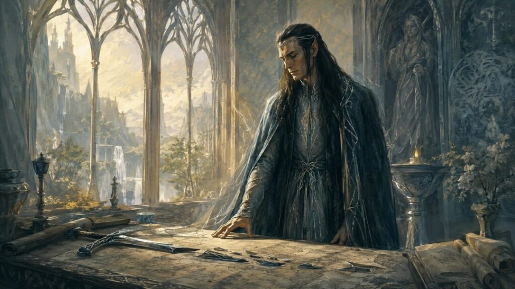 Elf lord in ancient hall of sorrow