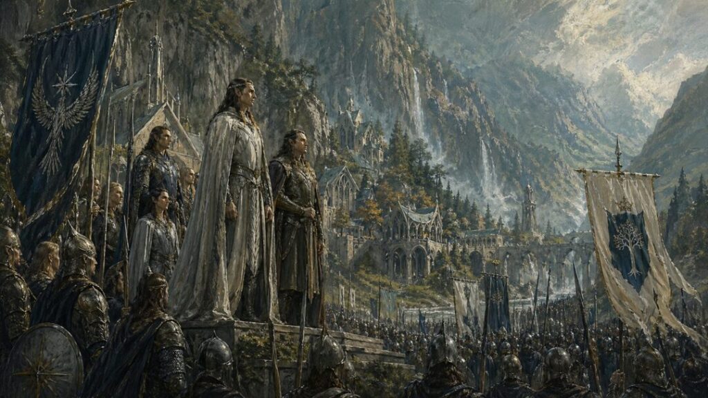 Elven army assembles in misty valley