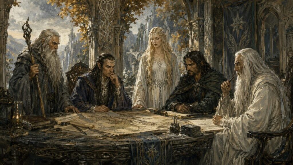Elven council in an autumn hall