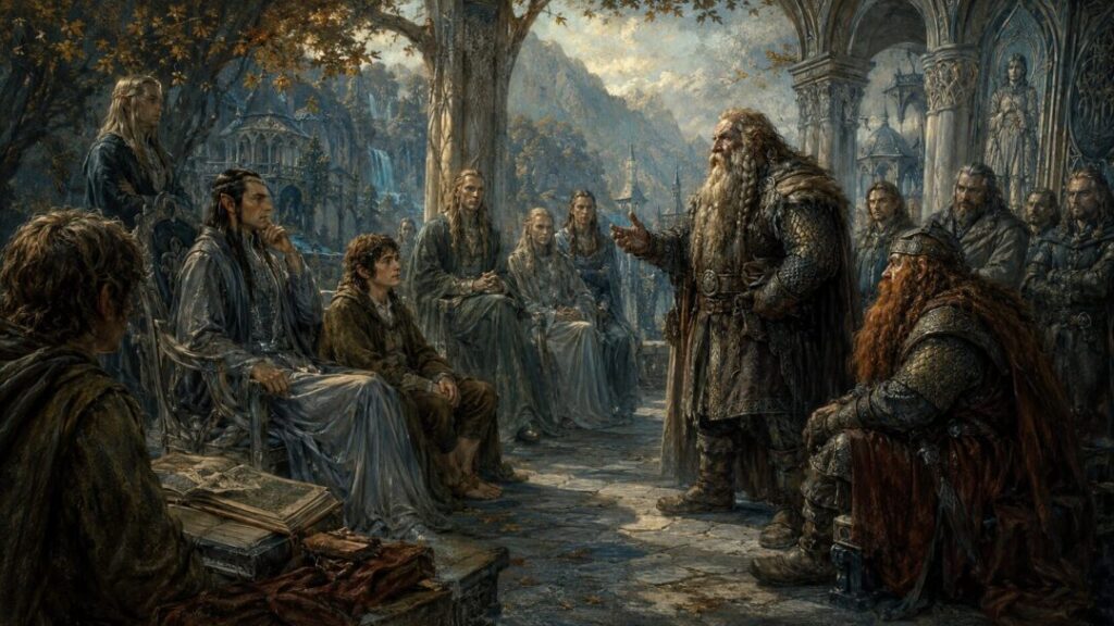 Elven council in an autumnal hall