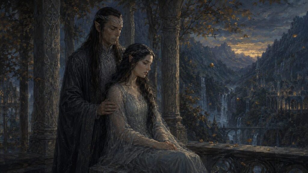 Elven couple at twilight in the valley