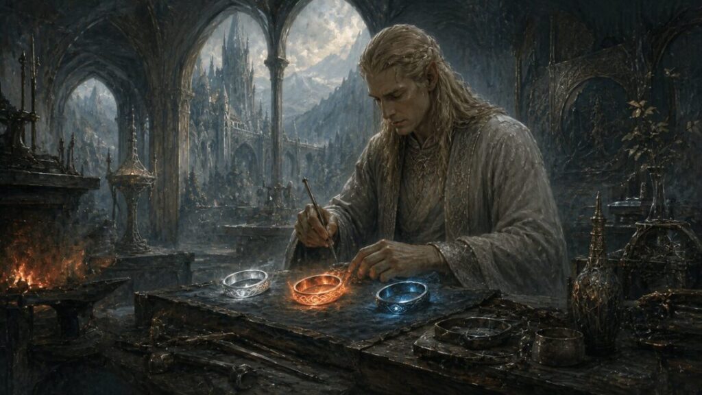Elven craftsman in a mystical forge