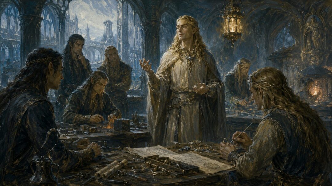 Elven craftsman workshop in twilight glow