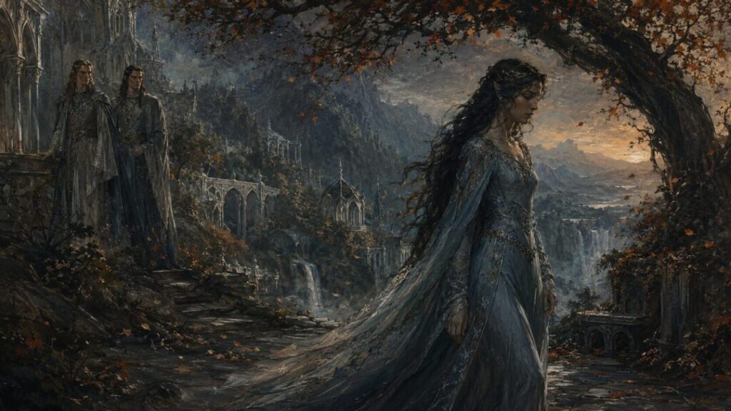 Elven farewell at twilight in mist