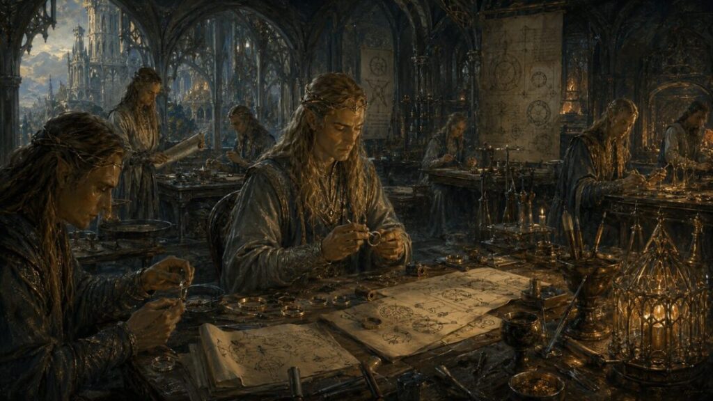 Elven jewelers in a grand workshop