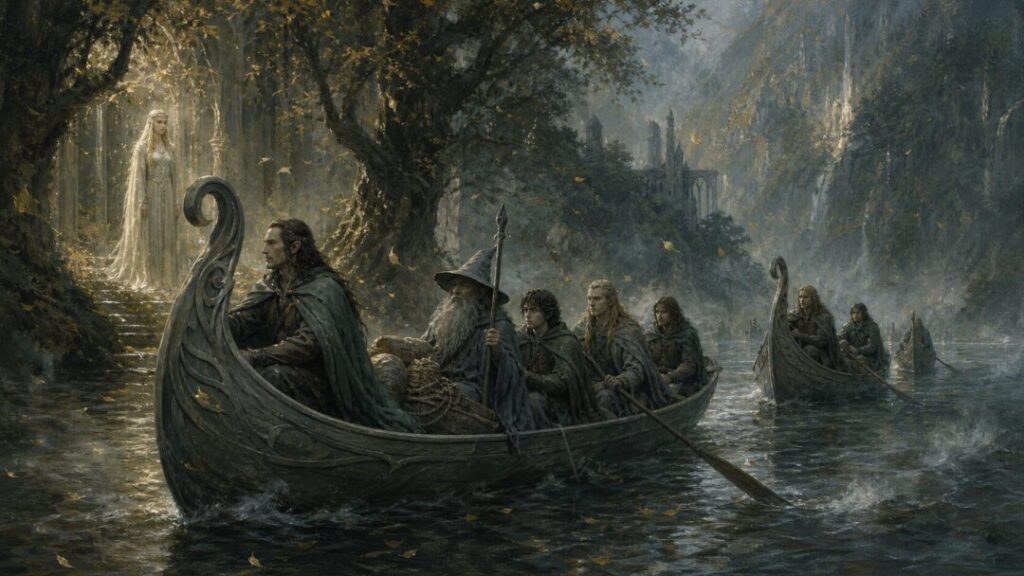Elven procession down the misty river