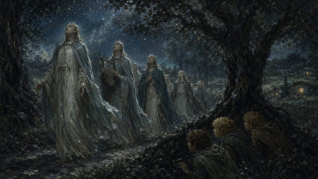 Elven procession under a starlit sky