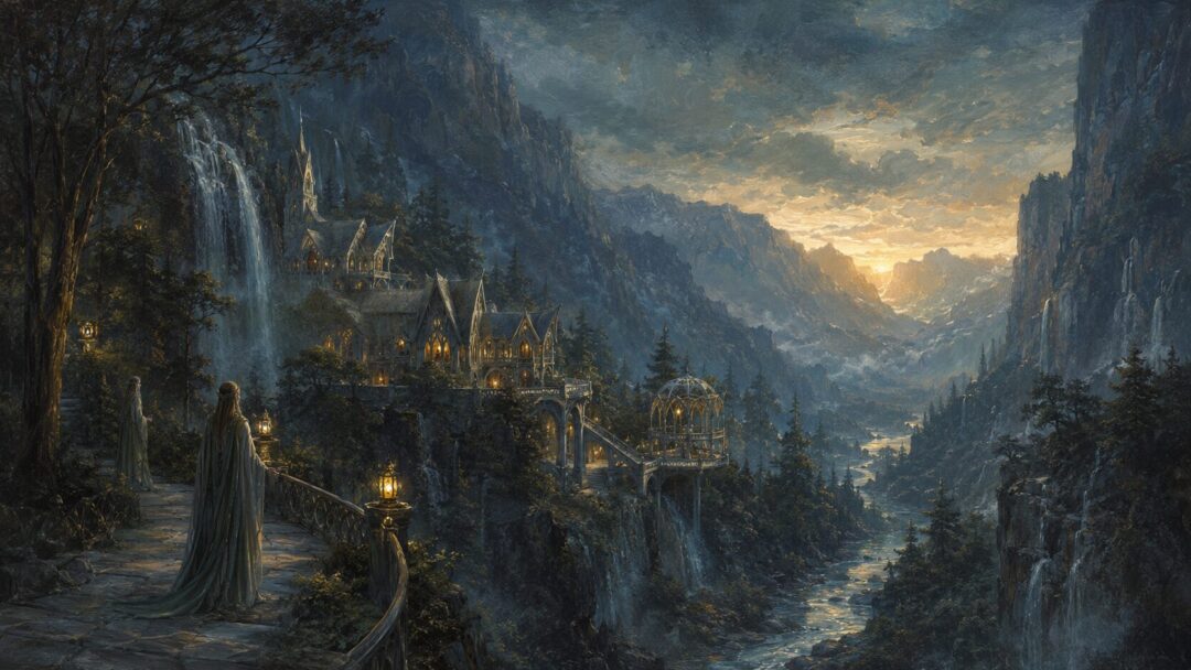 Elven village at twilight in the valley