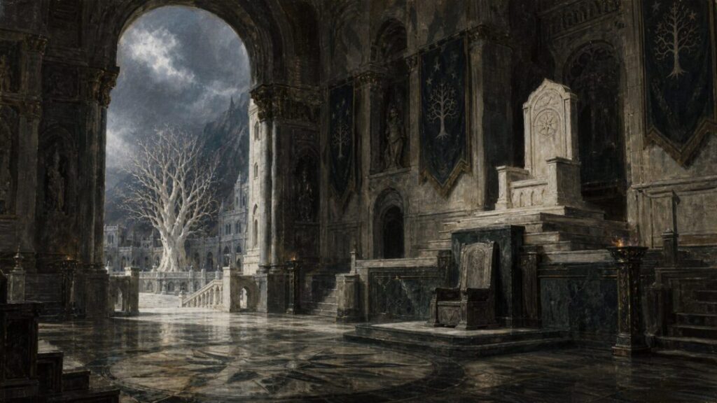 Empty throne room under stormy skies