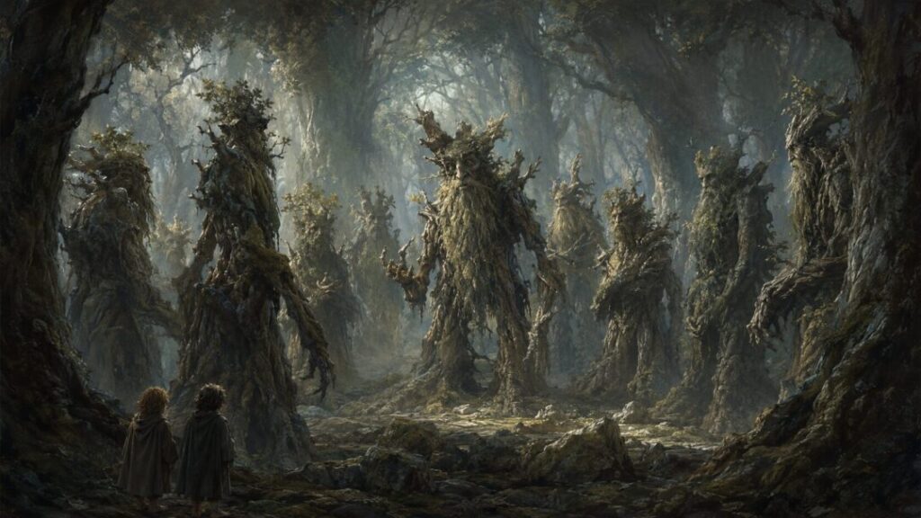 Ent council in ancient forest clearing