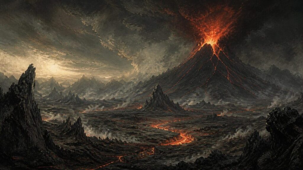 Erupting volcano in a dark wasteland