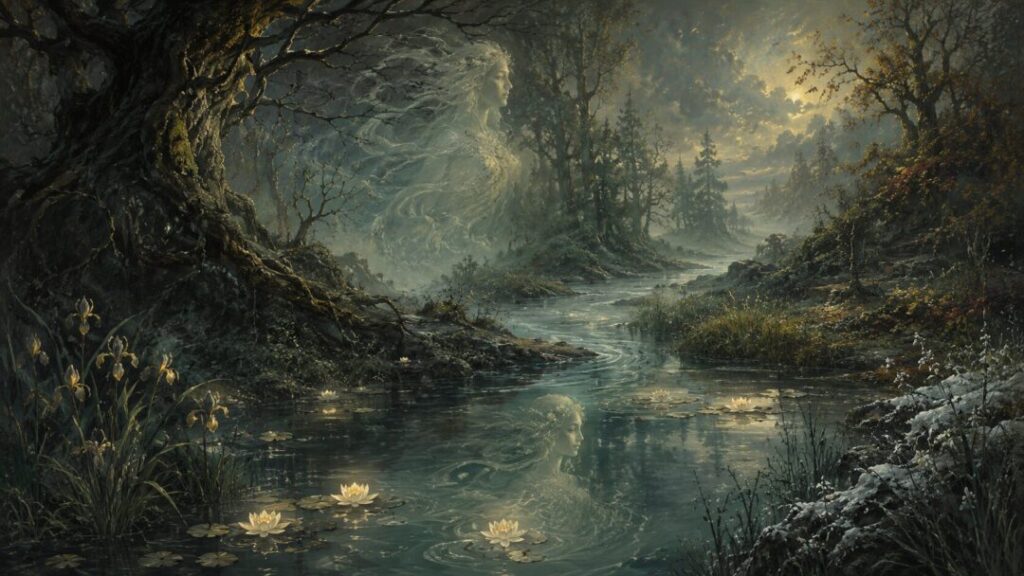 Ethereal spirits in a misty forest