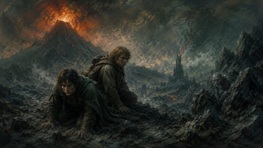 Exhausted travelers in a volcanic wasteland