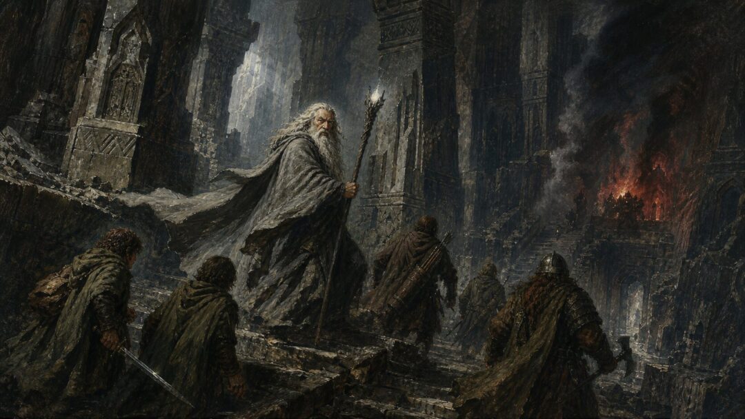 Fellowship's descent into the dark hall