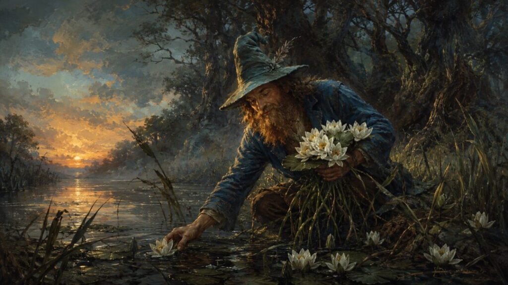 Gentle wanderer by a misty pond