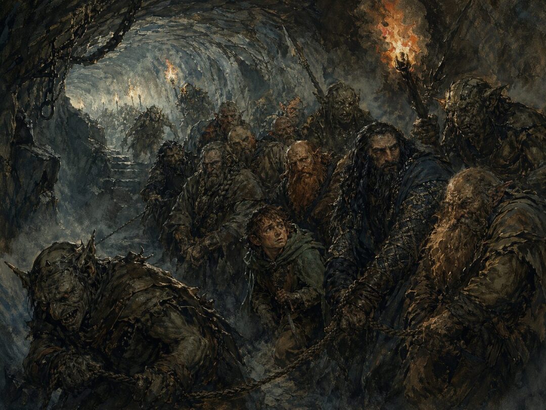 Goblin-led dwarven prisoners in the dark