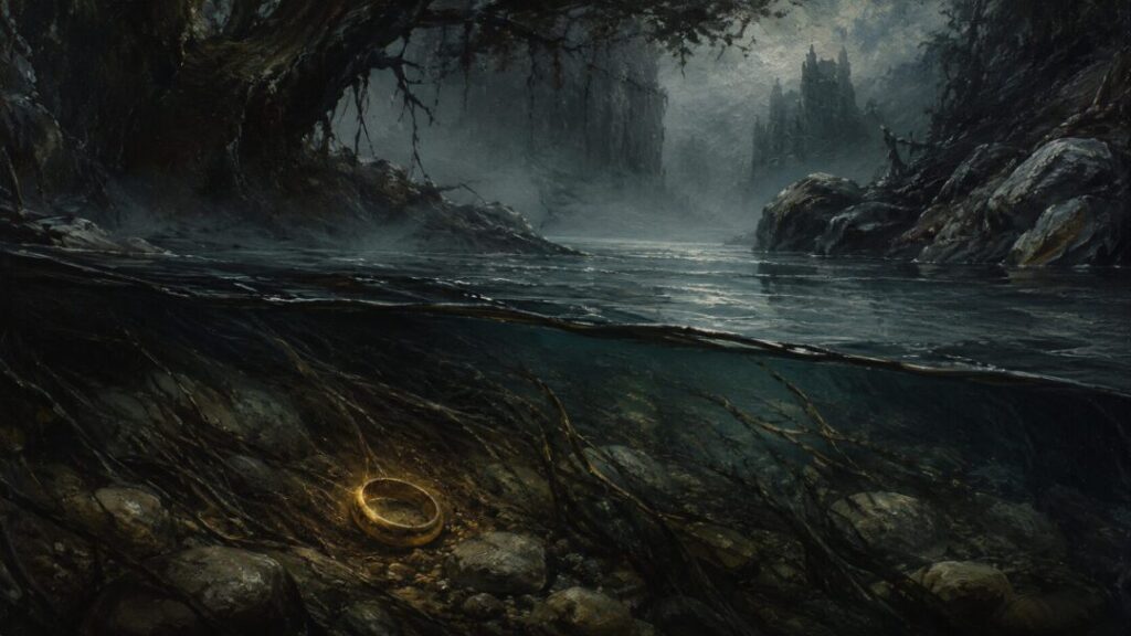 Golden ring in a misty riverbed