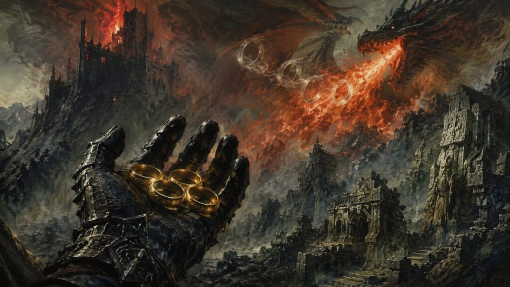 Golden rings amidst a fiery ruin