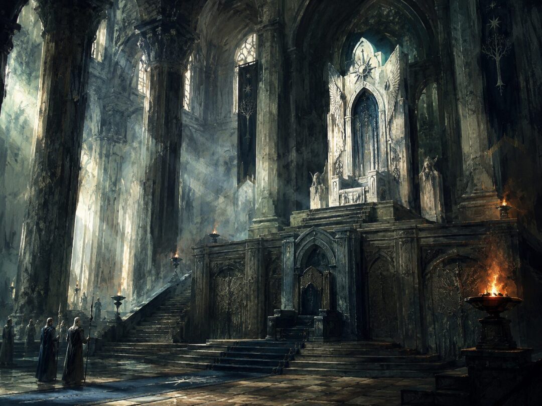 Grand throne room in misty light