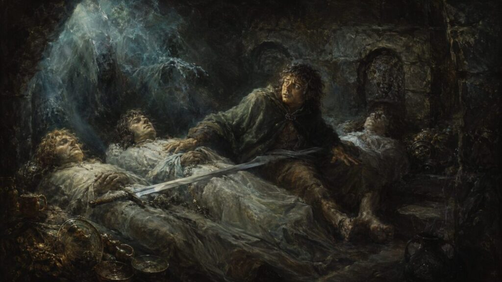 Haunted tomb with fearful awakening