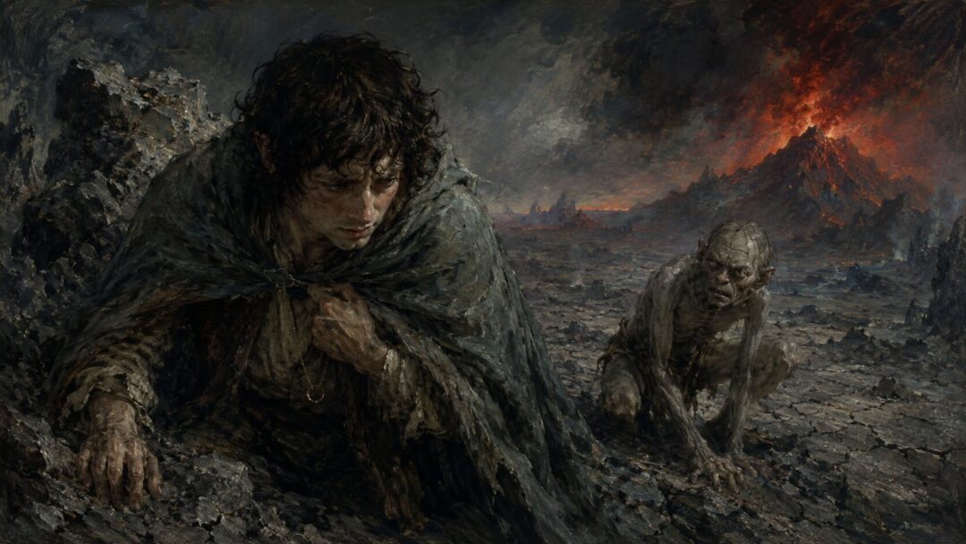 Hobbit and creature in a fiery wasteland