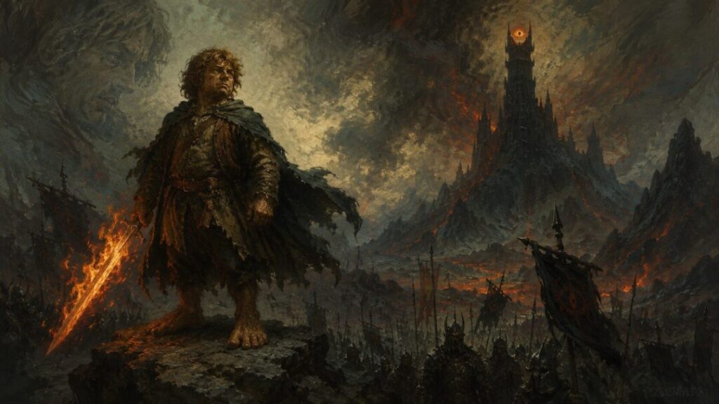 Hobbit hero against fiery battlefield