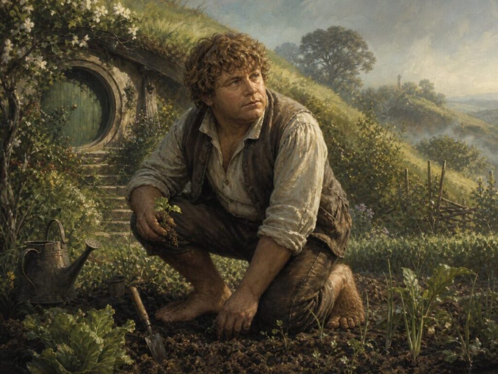 Hobbit tending his hillside garden