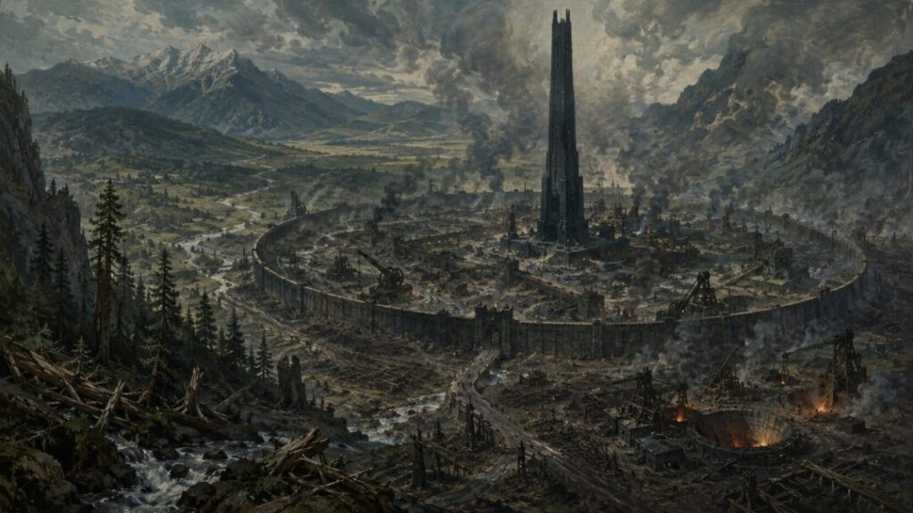 Industrial fortress in a grim valley