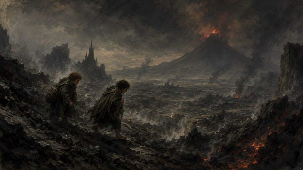 Journey through a volcanic wasteland lotr middle earth