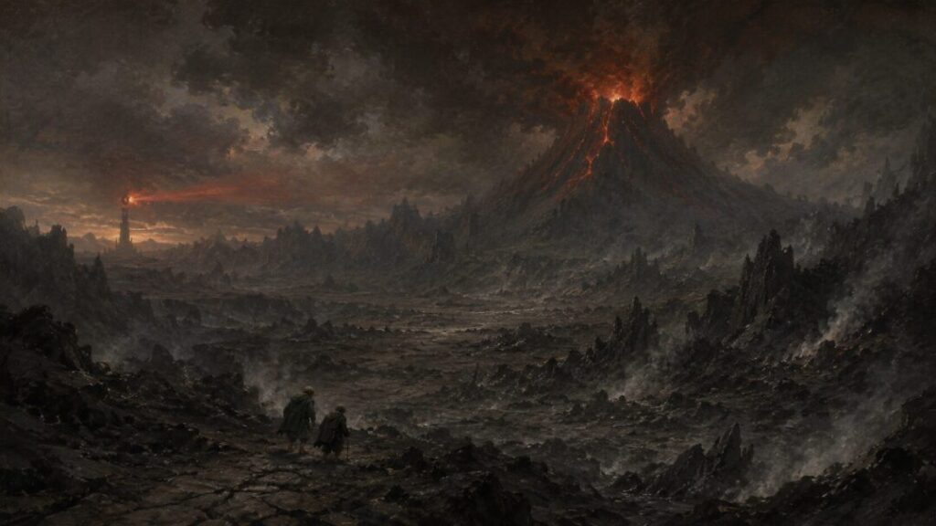 Journey through a volcanic wasteland middle lotr