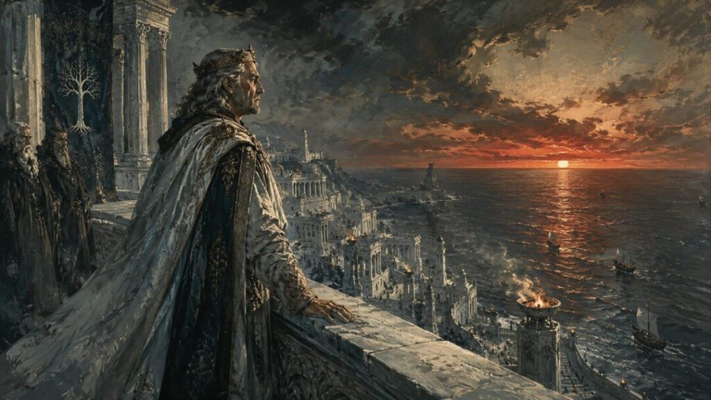 King overlooking a dramatic coastal sunset