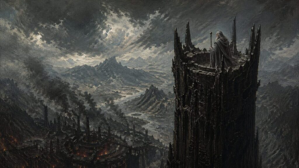 Lone wizard in a stormy fortress landscape