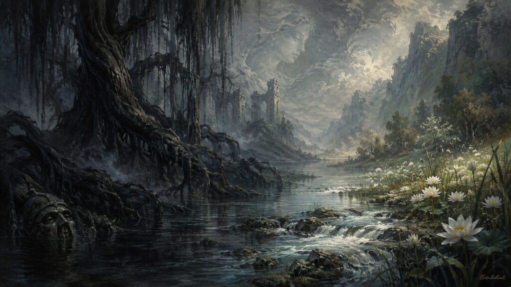 Mist-covered valley of ancient ruins