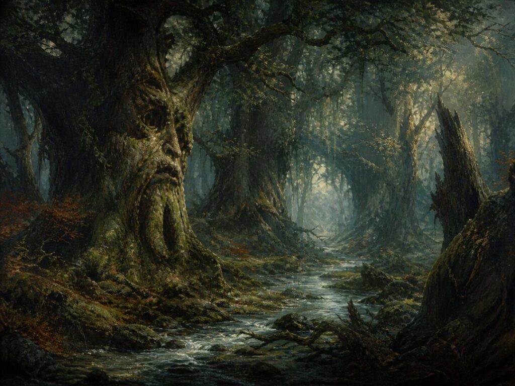 Misty ancient forest with gnarled trees