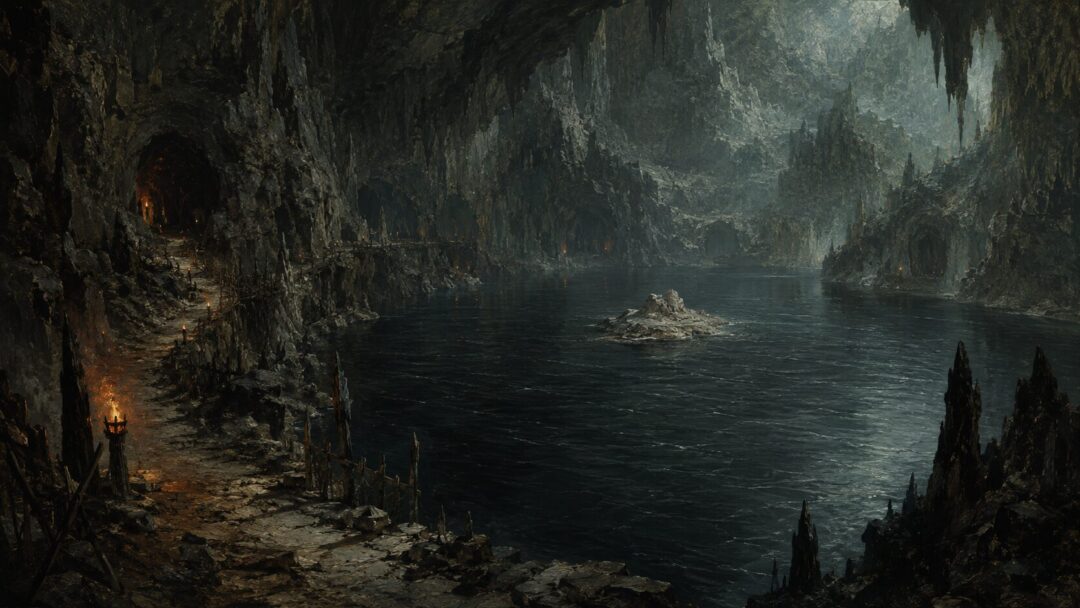 Misty lake in the dark cavern