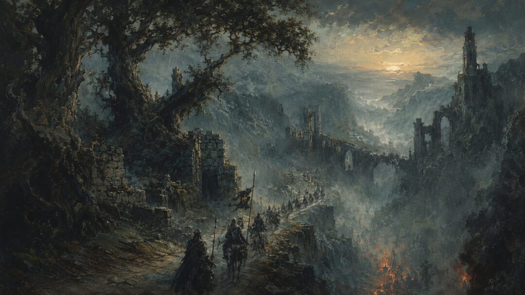 Misty path through ancient ruins