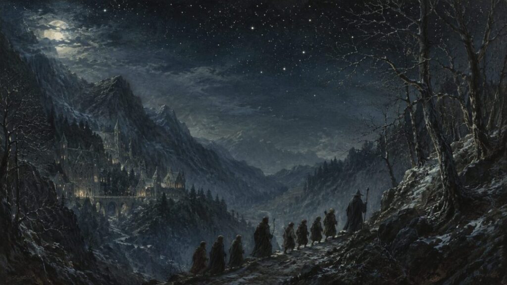 Moonlit journey through a wintry valley