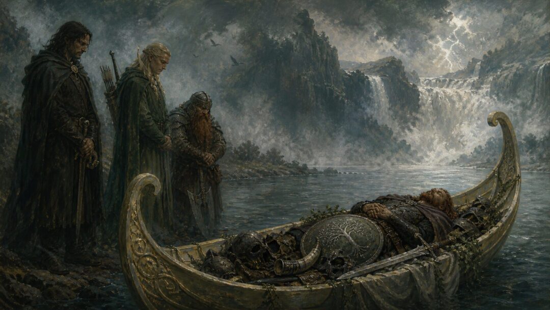 Mourners by the stormy river's edge
