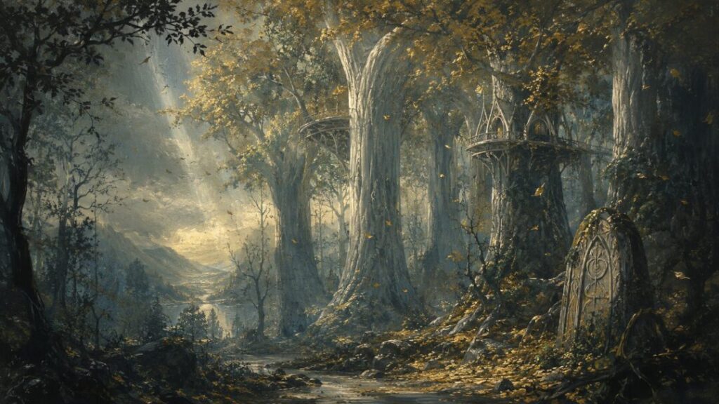 Mystical autumn in an elven forest