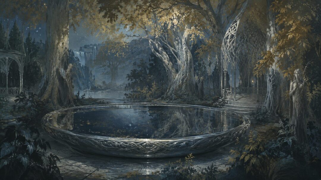 Mystical elven garden under moonlight