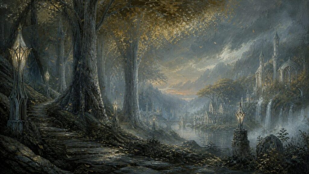 Mystical elven valley at twilight
