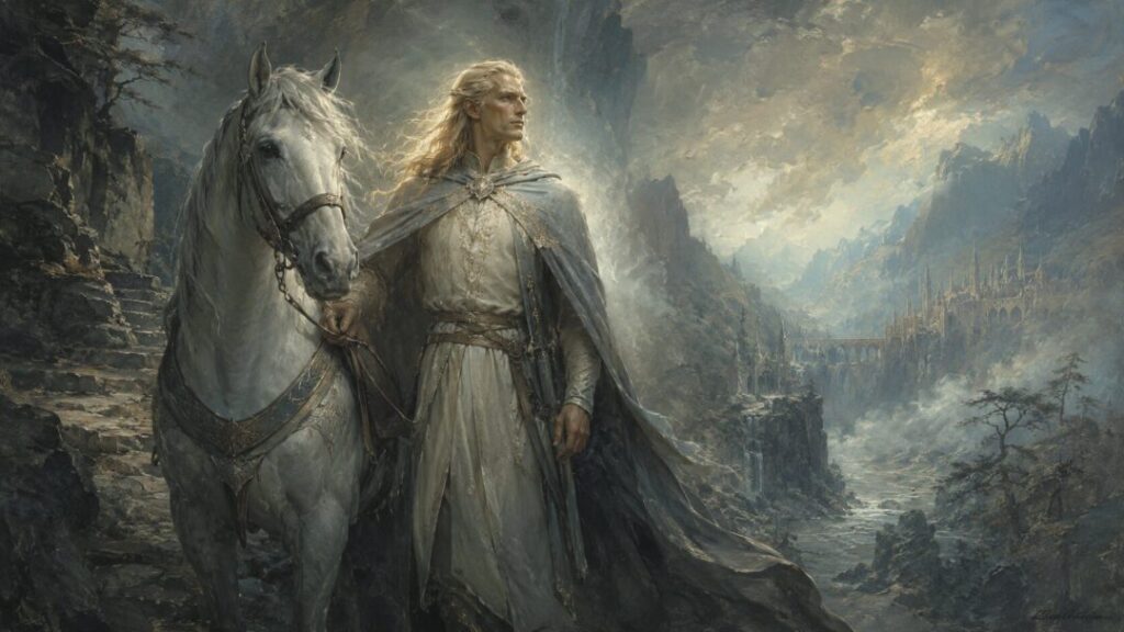 Noble warrior with horse on mountain cliff